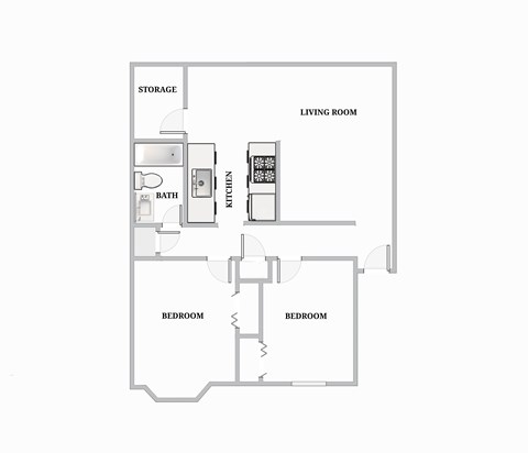 Floor plan for 2 beds, 1 bath, 875 sqft